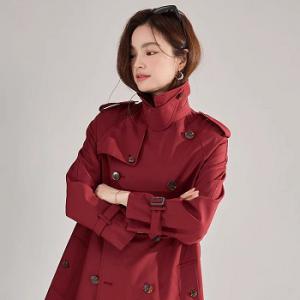 层姿2024秋新款安可拉红风衣双排扣廓形气质经典休闲中长款外套女