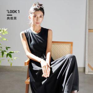 层姿秋冬精纺羊绒连衣裙无袖系带圆领长款山羊绒修身仙女裙