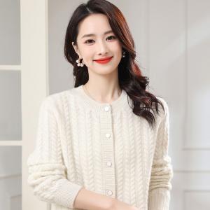 层姿加厚绞花100%纯羊绒开衫女圆领宽松慵懒风外套羊绒针织打底衫