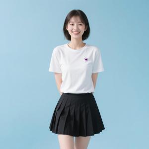 层姿纯棉T恤搭配黑色短款百褶裙