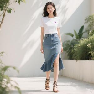层姿纯棉T恤搭配牛仔鱼尾裙