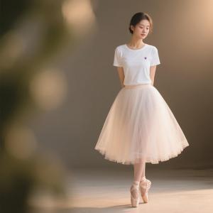 层姿纯棉T恤搭配纱质蓬蓬裙 + 芭蕾平底鞋（浪漫仙女风）