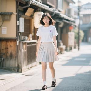 层姿纯棉T恤搭配百褶学院裙 + 玛丽珍鞋（日系JK风）