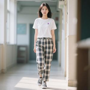 层姿纯棉T恤搭配格纹休闲裤 + 帆布鞋（学院风）